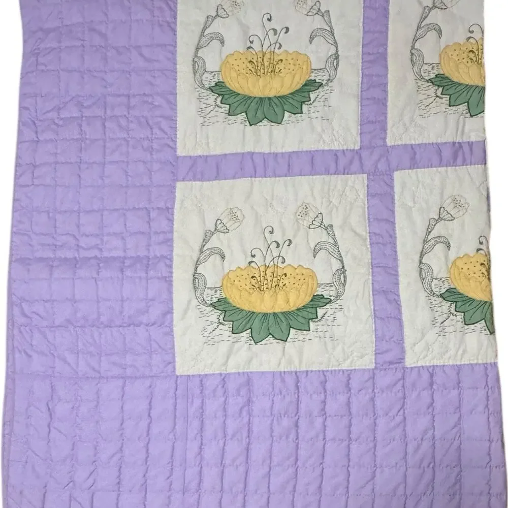 Handmade Floral Patchwork Quilt Lavender & Yellow 1970s Full/Queen 78x93
